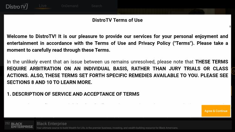 Click Agree & Continue when the terms of use message appears.