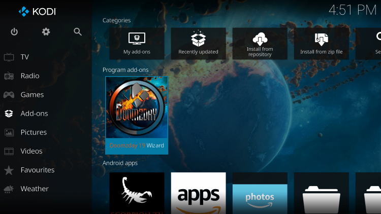 Return to the Kodi home-screen and under add-ons choose Doomzday 19 Wizard