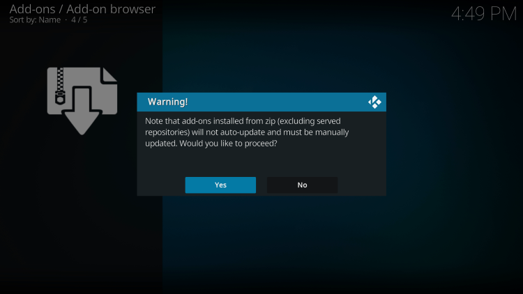 When prompted with the following Warning message, click Yes