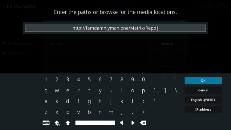 Type the following URL exactly as shown here to install matrix kodi build