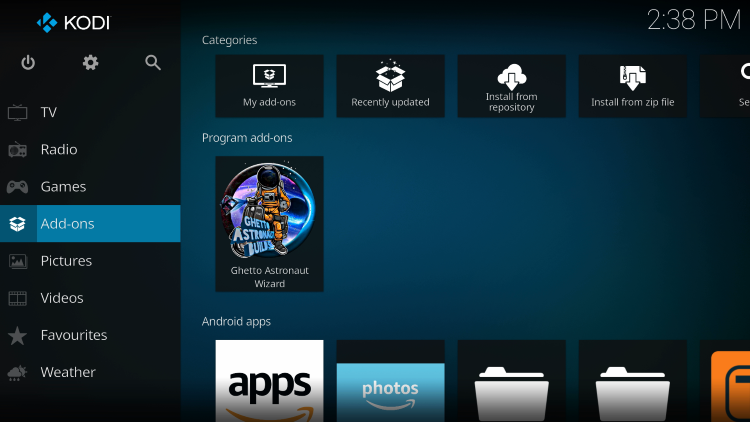 Return to the Kodi home-screen and under add-ons choose Ghetto Astronaut Wizard
