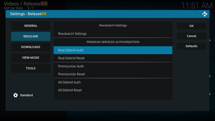 Within the Resolver menu on the left, choose Real-Debrid Auth.