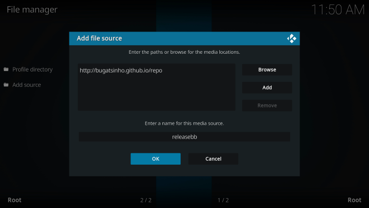 Highlight the box under the source that you just typed in and enter a name for this media source, type "releasebb" or any other name you would like to identify this source as and click OK  again