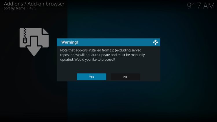 When prompted with the following message, click Yes for diamond shadow kodi addon