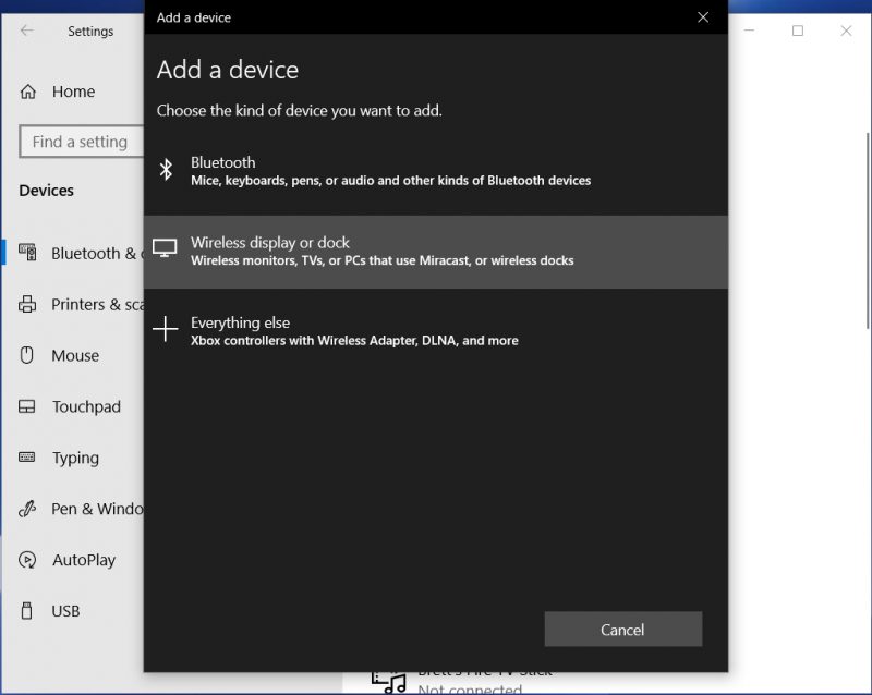 choose wireless display or dock