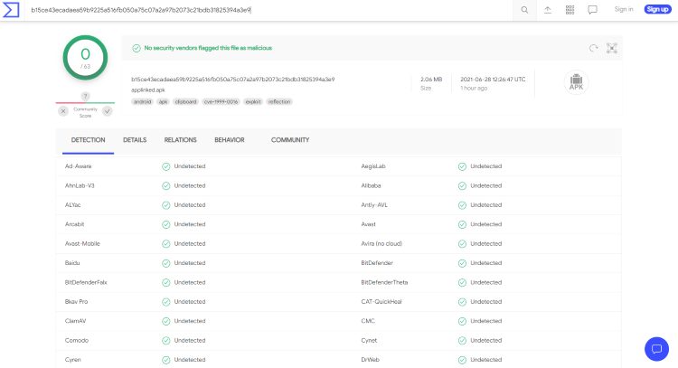 We also scanned the official APK file using VirusTotal, which did come back clean.