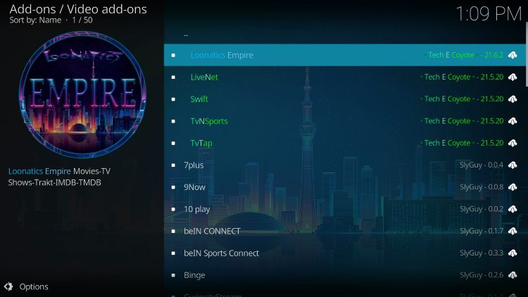 Select LooNatics Empire kodi addon