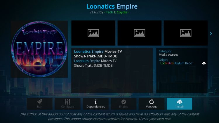 Click Install loonatics empire kodi addon