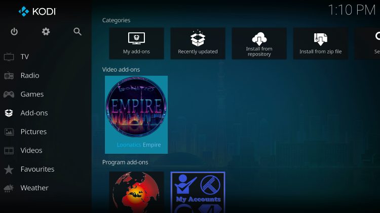 Return back to the home screen of Kodi and select Add-ons. Then click LooNatics Empire kodi addon