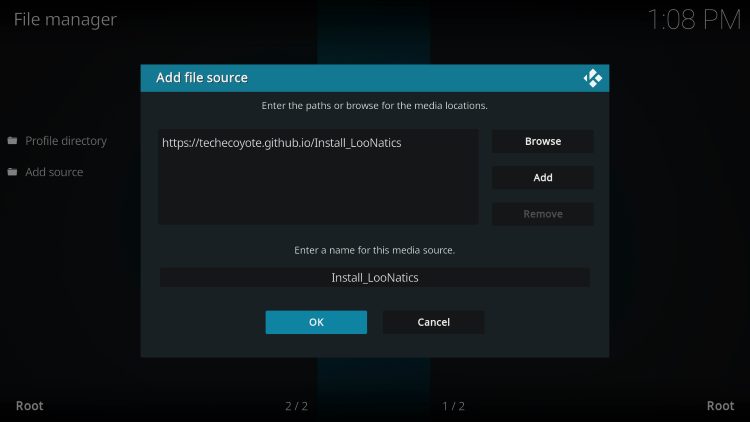 Highlight the box under the source that you just typed in and enter a name for this media source, type "LooNatics" or any other name you would like to identify this source as and click OKÂ again