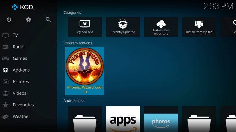 Return to the Kodi home-screen and under add-ons choose Phoenix Wizard