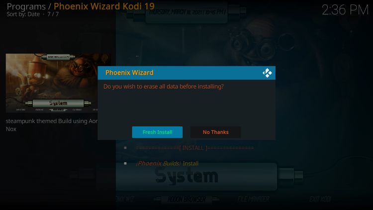 Click Fresh Install of steampunk kodi build