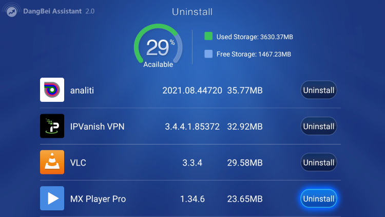 uninstall apps db tv assistant
