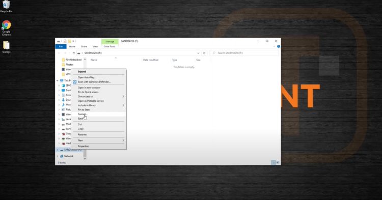 Right-click your drive from the menu and then left-click Format.