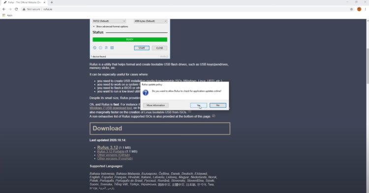 When Rufus is finished installing click the Rufus icon in the bottom left corner and click Yes when this message appears.