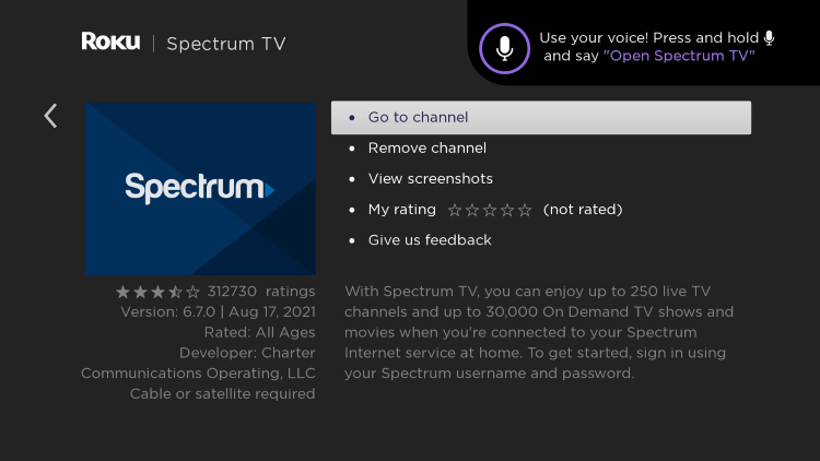 click go to channel to open spectrum app on roku