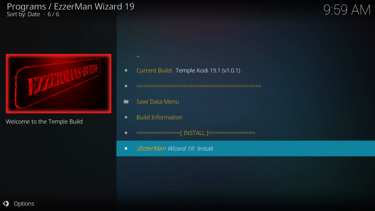 Click Install temple kodi build