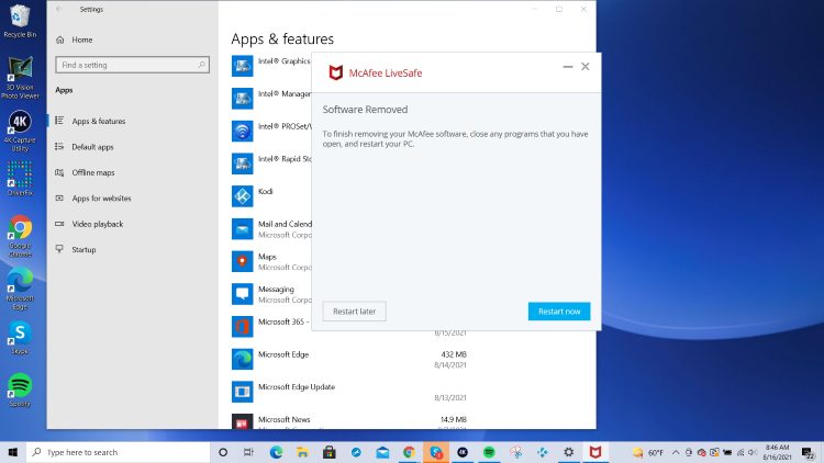 click restart now to uninstall mcafee