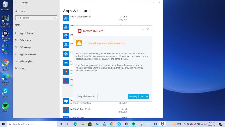 select lose my protection again to uninstall mcafee