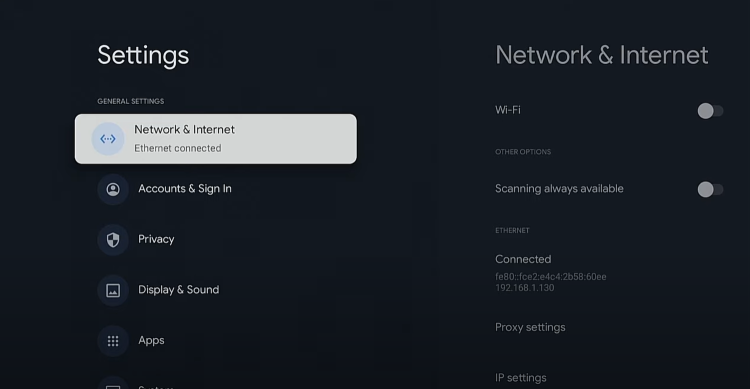 Within the Settings menu you will now notice your Chromecast with Google TV is connected to Ethernet.