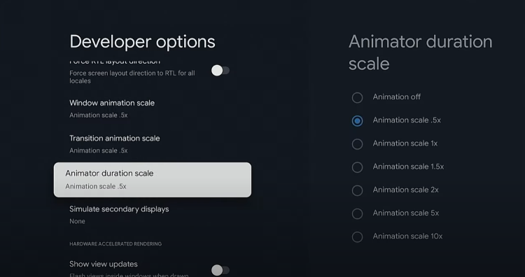Change Window animation scale, Transition animation scale, and Animator duration scale