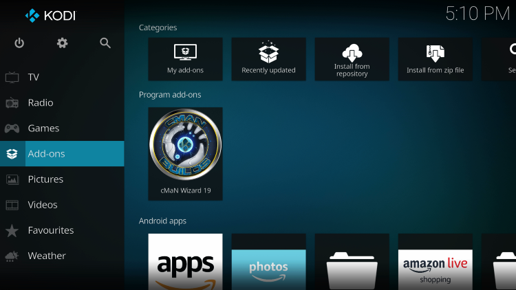 Return to the Kodi home-screen and under add-ons choose cMaN Wizard 19