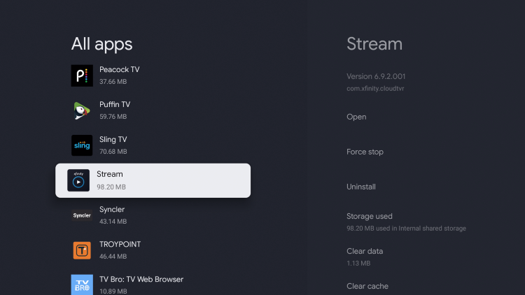 xfinity stream on android tv apps list