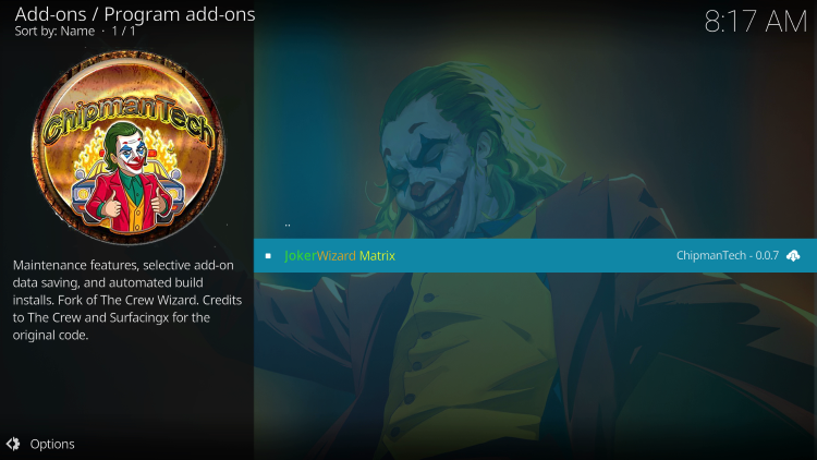 Choose JokerWizard Matrix to install joker kodi builds