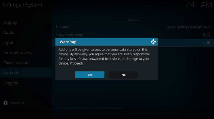 Kodi even alerts us during setup that these 3rd party Add-ons and builds will be given access to personal data stored on our device.
