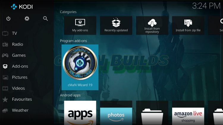 Return back to the home screen of Kodi, hover over Add-ons, then choose cMaN Wizard 19