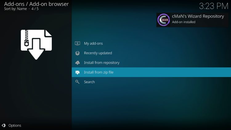 Wait for the "cMaN's Wizard Repository Add-on installed" message to appear