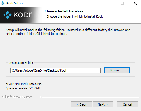 Choose your preferred Destination Folder for the Kodi application and click Next.