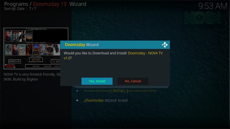 Click Yes, Install nova tv kodi build