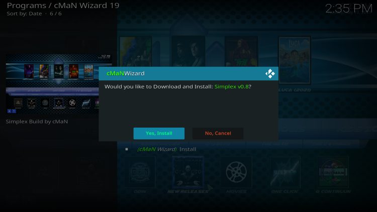 click yes install for simplex kodi build