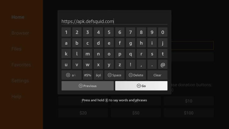 Enter the following URL - https://apk.defsquid.com and click GO.