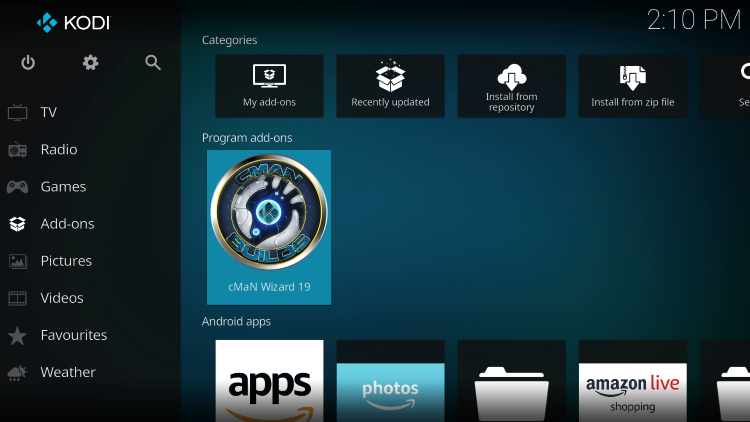 Return back to the home screen of Kodi, hover over Add-ons, then choose cMaN Wizard 19