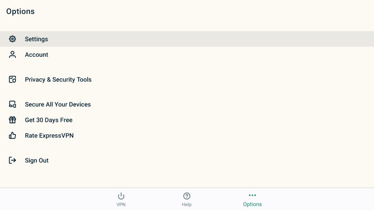 Within the Options menu, choose Settings.