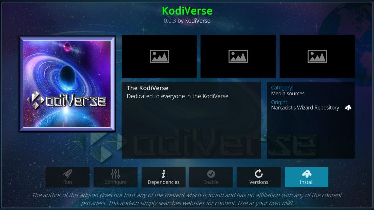 Click Install kodiverse kodi addon
