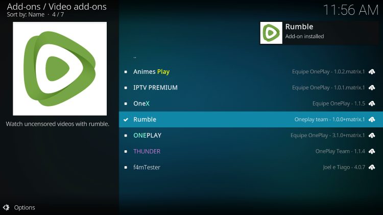 Wait for the "Rumble Add-on Installed" message to appear