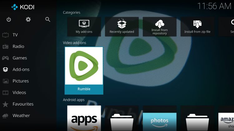Return to the home screen, hover over Add-ons, and you will find the Rumble add-on available.Â
