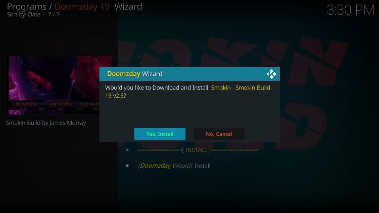 Click Yes, Install smokin kodi build
