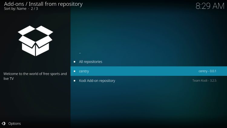 Then select Centry sports kodi addon