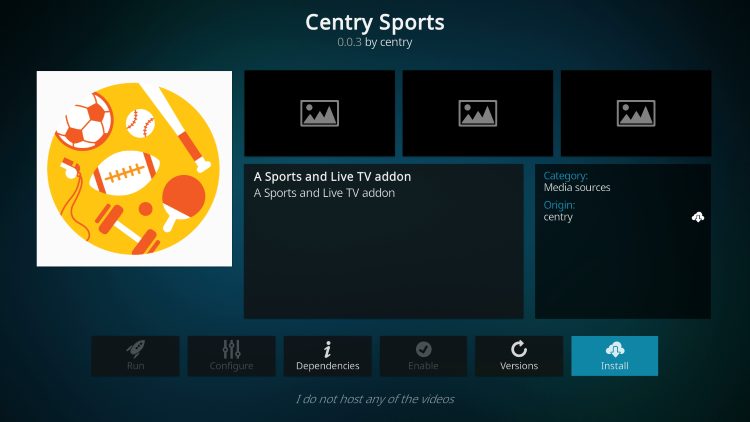 Click Install centry sports kodi addon