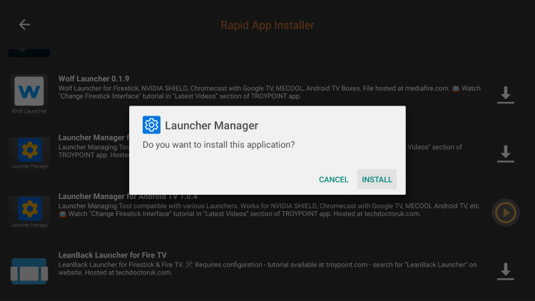 Click Install launcher manager on android tv