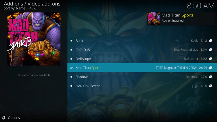 Wait for the "Mad Titan Sports Add-on Installed" message to appear