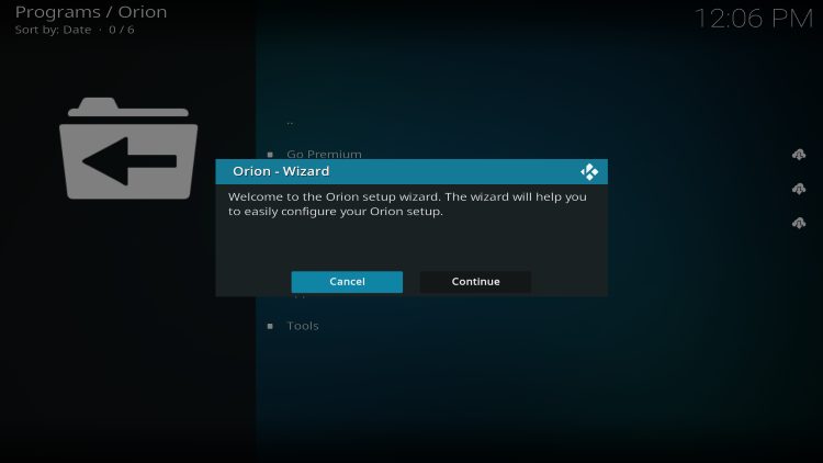 click cancel or continue for set up wizard