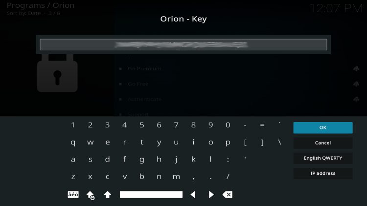 enter your orion api key and click ok