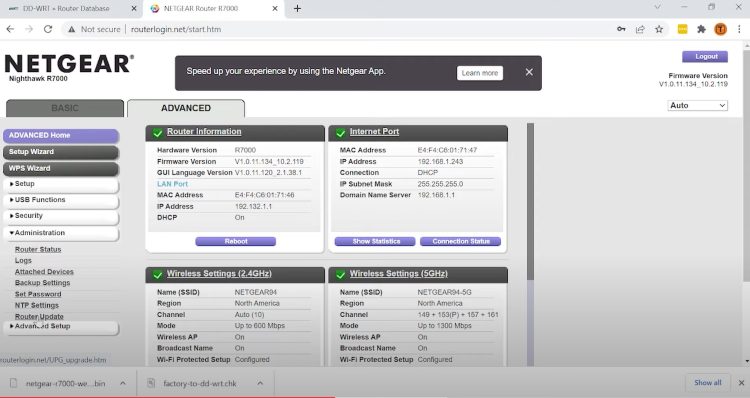 Click the Administration tab on the left and then choose Router Update.