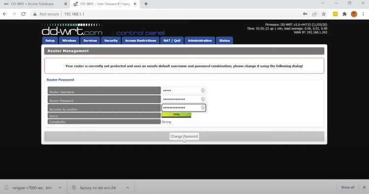 Then you must create your router username and password and click Change Password.