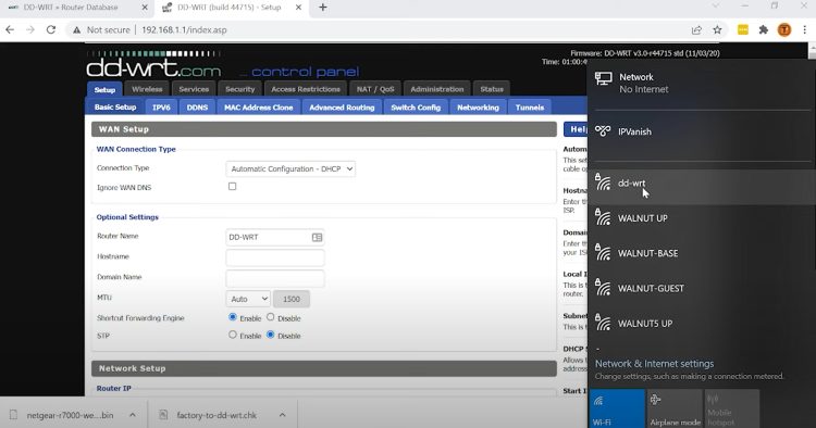 If you are using a wireless connection and not getting this page, click the network icon on the bottom right corner of your screen and choose dd-wrt on router
